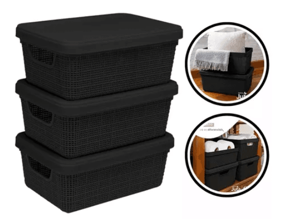 Kit 3 Caixas Organizadoras 15l Rattan Promoção Cesto C/tampa
