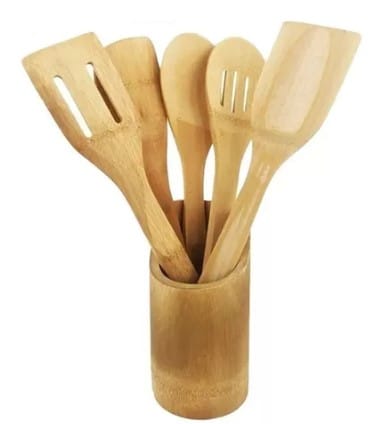 Jogo Utensílios De Bambú Cozinha Colher De Pau E Espátulas