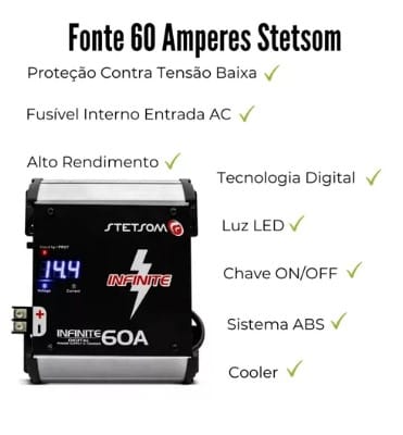 Fonte Automotiva Infinite 60a Stetsom Voltímetro Bivolt 12v