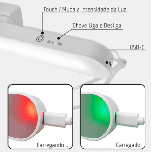 Luminaria Led Magnética Touch Recarregável Usb 3 Modos 35cm